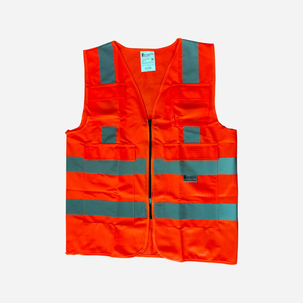 120GSM, MULTIPOCKET/ZIPPERED ORANGE SPARTAN GUARD SAFETY VEST